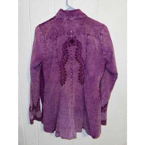 Inca Cottons Artsy Shirt Purple Embroidered Button Up Layering Fall Lacey Size L - Picture 2 of 8